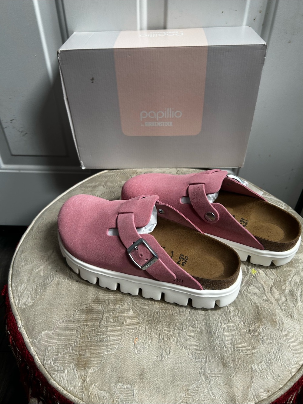 Eu 37-US6W/US4 M Papillio Birkenstock Candy Pink Boston Suede Pap Chunky slides - Picture 6 of 13